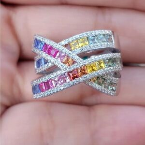 14k Effy Watercolors Multi Colored Sapphires & Diamonds Highway Rainbow Ring NWT